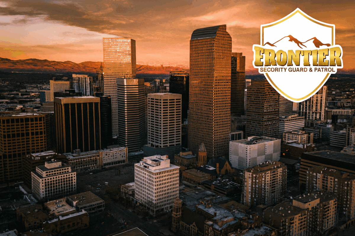 Aerial view of downtown Denver at sunset with skyscrapers glowing in warm light, Rocky Mountains in the background, and the Frontier Security Guard & Patrol logo displayed in the upper right corner.