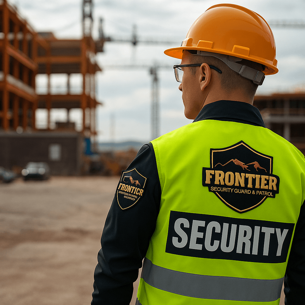 Construction security guard wearing a hard hat and high-visibility vest with Frontier Security Guard & Patrol logo, standing on a Denver job site with cranes and steel structures in the background.