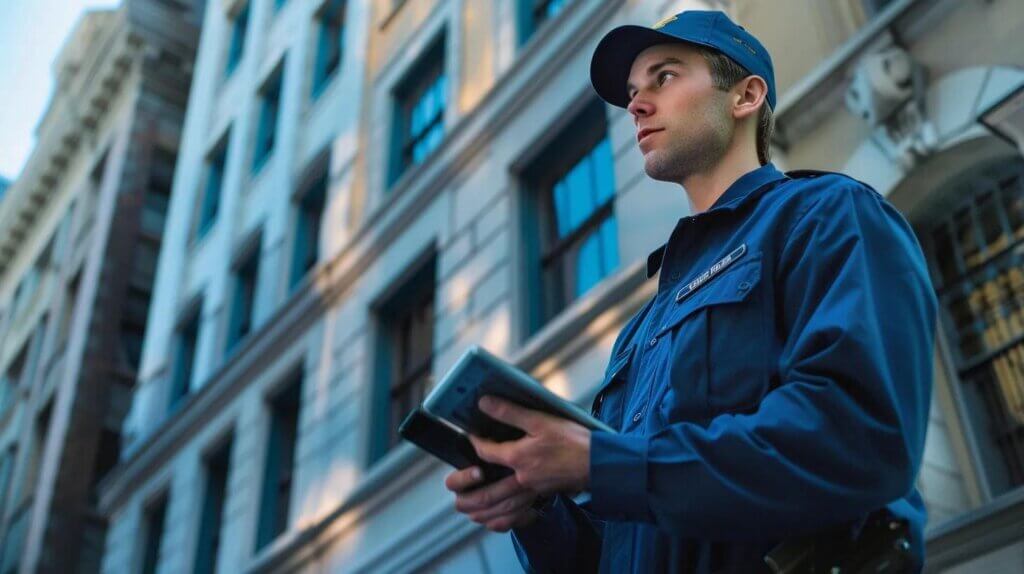 Security guard conducting a building safety inspection outside a downtown property, representing proactive building security management.