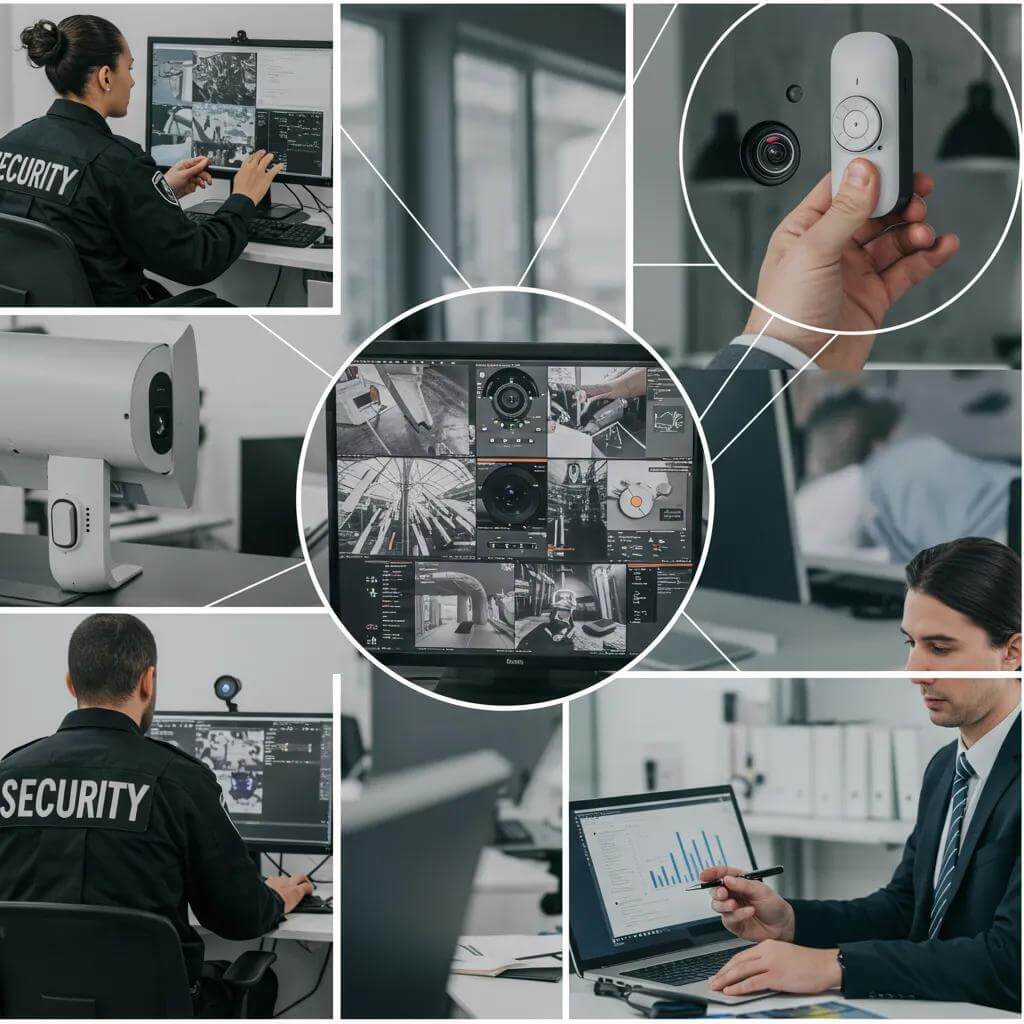 Security services in action, featuring guards, CCTV, and consulting in a modern office