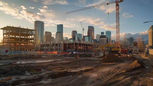Denver construction site at sunset with cranes and unfinished buildings, illustrating the importance of security guards in protecting construction equipment and materials.