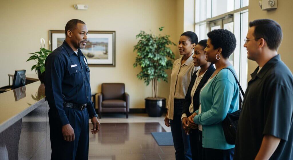 Unarmed security guards protecting a business property