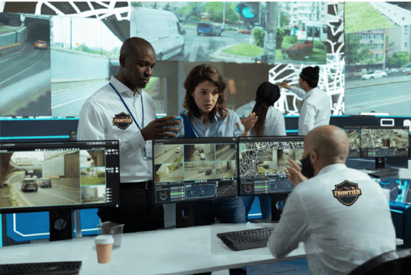 Security team in a monitoring center reviews live traffic and surveillance feeds on multiple screens, showing active human oversight alongside camera technology.