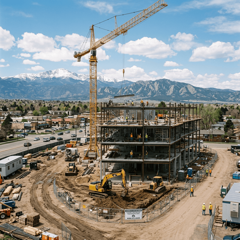 Multi-story construction site with workers, cranes, and machinery Longmont, CO
