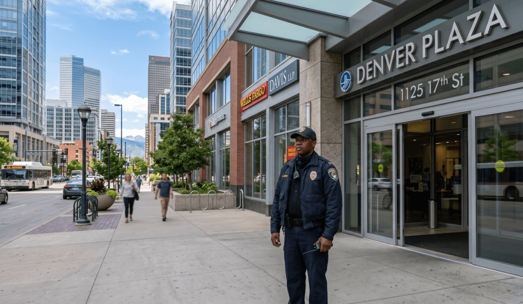 Unarmed security guard in Denver monitoring a commercial building entrance