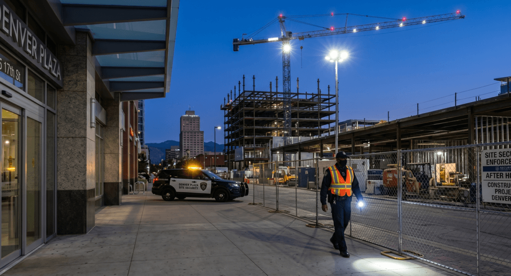 Denver construction site security guard patrolling after hours