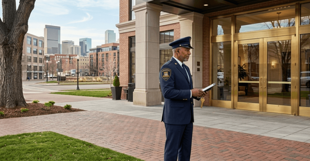 Professional doorman security services in Denver for entrance of apartment or office building security