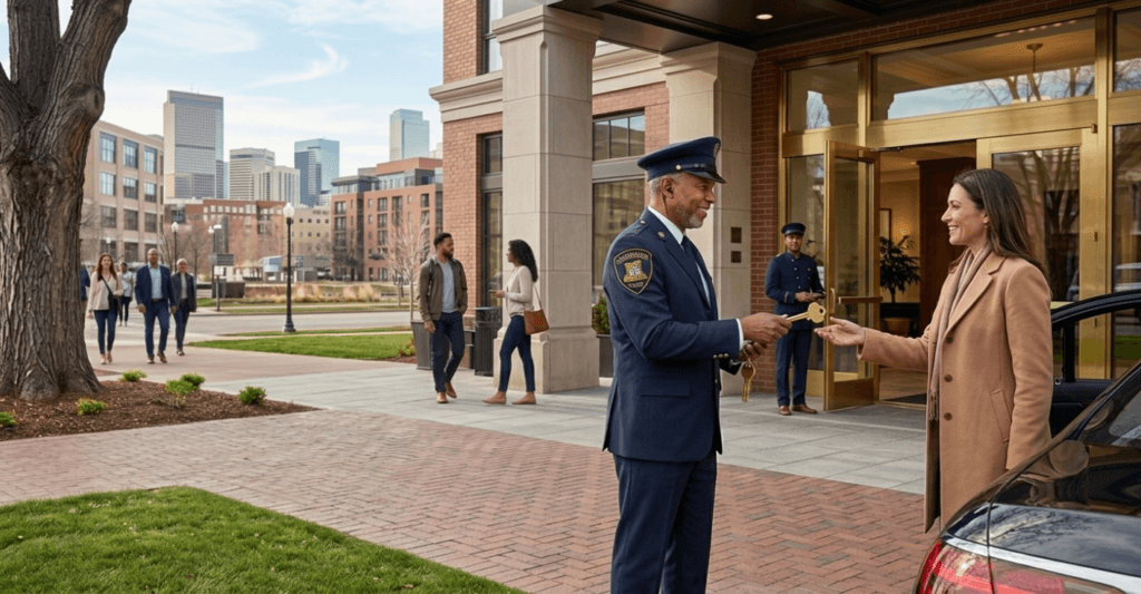 Denver doorman security guard greeting residents at a building entrance