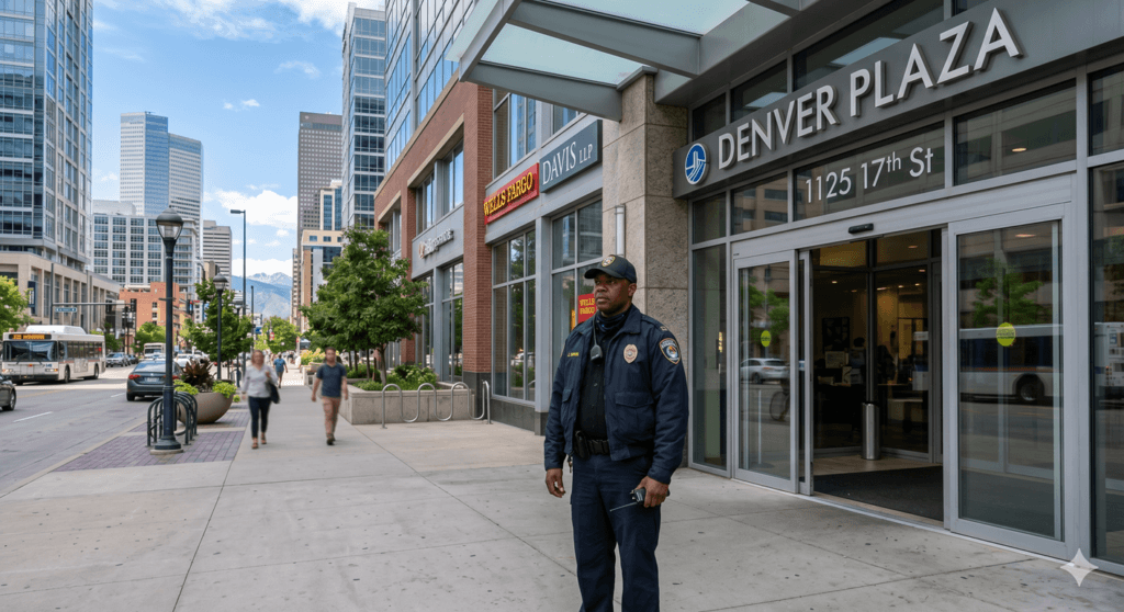 Unarmed security guard in Denver monitoring a commercial building entrance