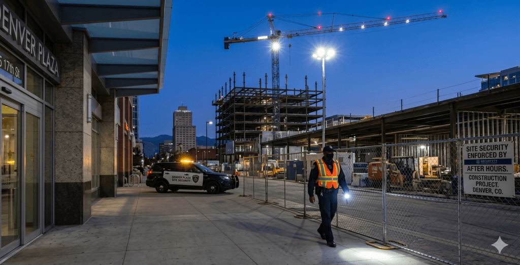 Denver construction site security guard patrolling after hours
