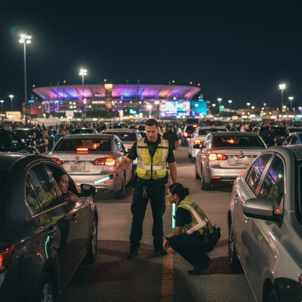 Event security guard monitoring a Denver venue parking lot.