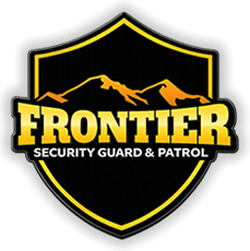 Frontier Security Guard & Patrol logo: gold shield with a yellow outline and mountain silhouette, featuring the word FRONTIER and the subtitle 'Security Guard & Patrol' on a black background.
