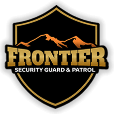Frontier Security Guard & Patrol logo: a gold shield with a mountain silhouette and bold lettering on a black background.