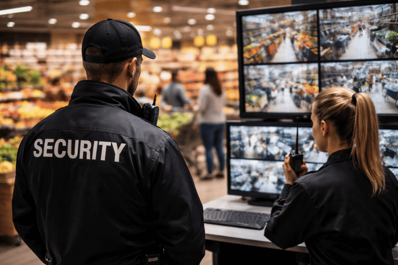 Professional Denver retail security officer monitoring store entrance.