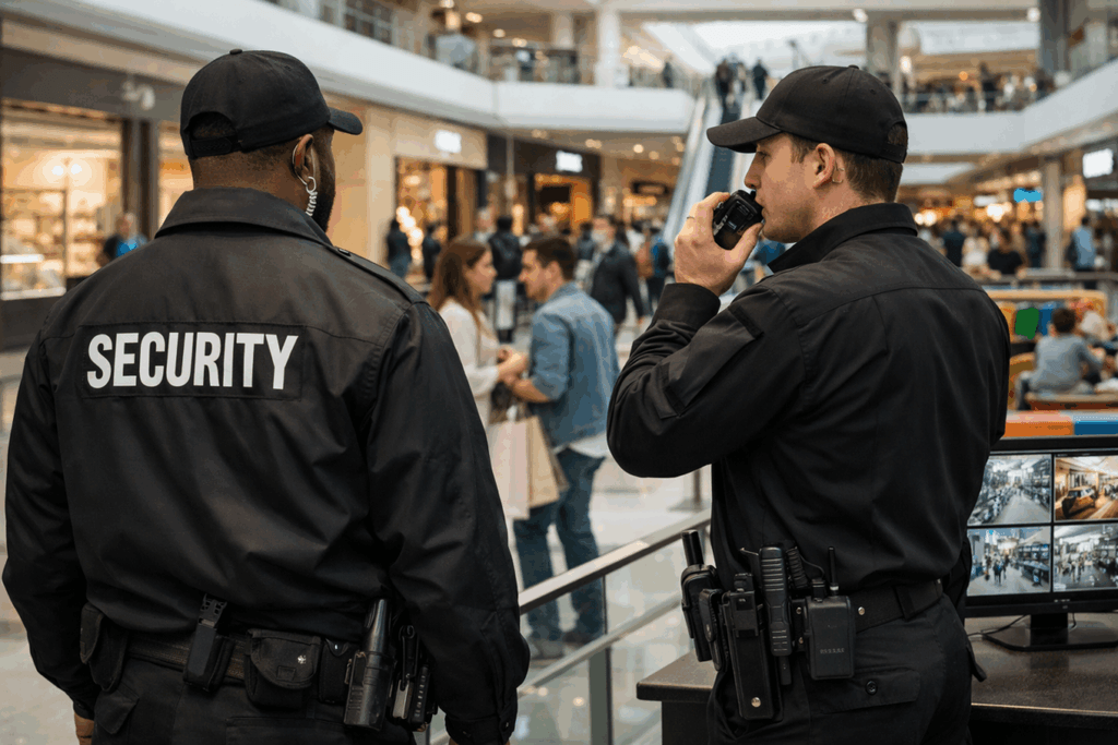 Mall security managing busy shopping crowds