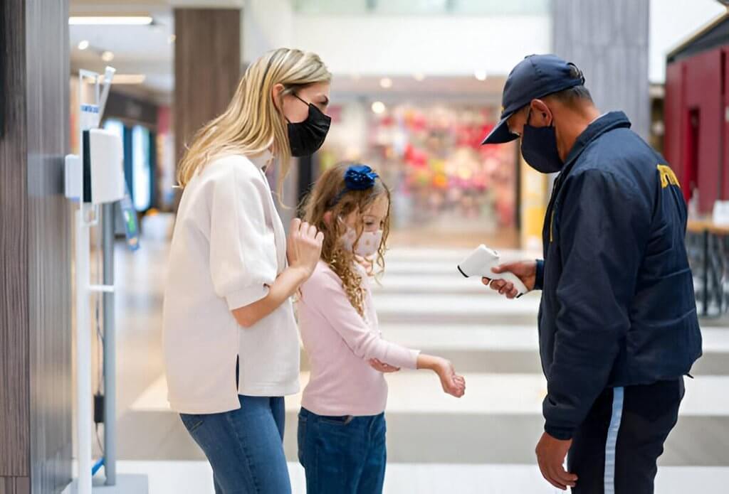 Mall security guard in Denver patrolling a shopping center