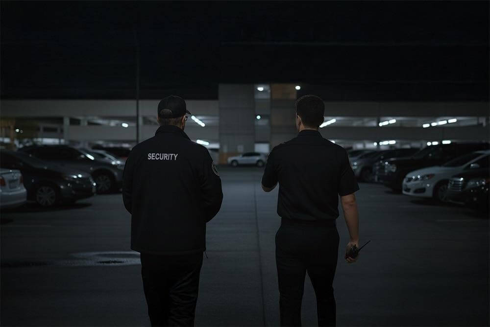 Denver security patrol monitoring a parking lot at night