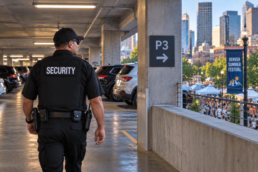 Security patrol monitoring a Denver office building parking garage during summer festival activity
