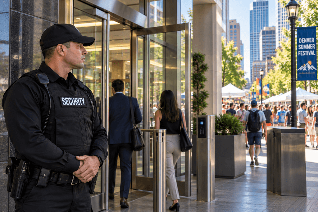 Denver office security guard monitoring building access during a downtown summer festival