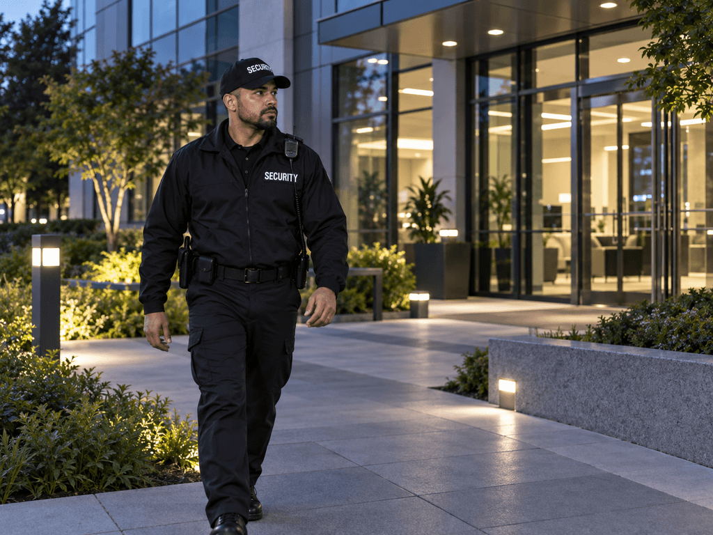 Security guard monitoring access inside a Denver high-rise building