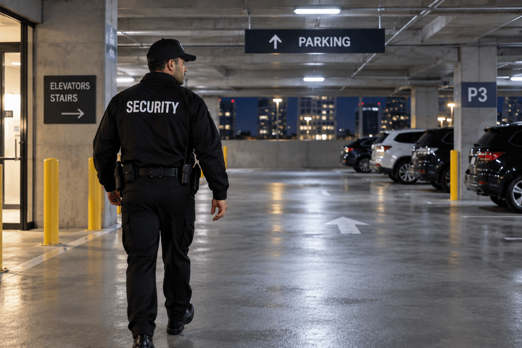 Security guard patrolling parking garage at Denver high-rise building