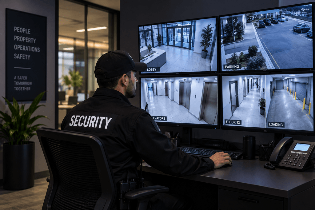 Security guard monitoring cameras for Denver commercial building security