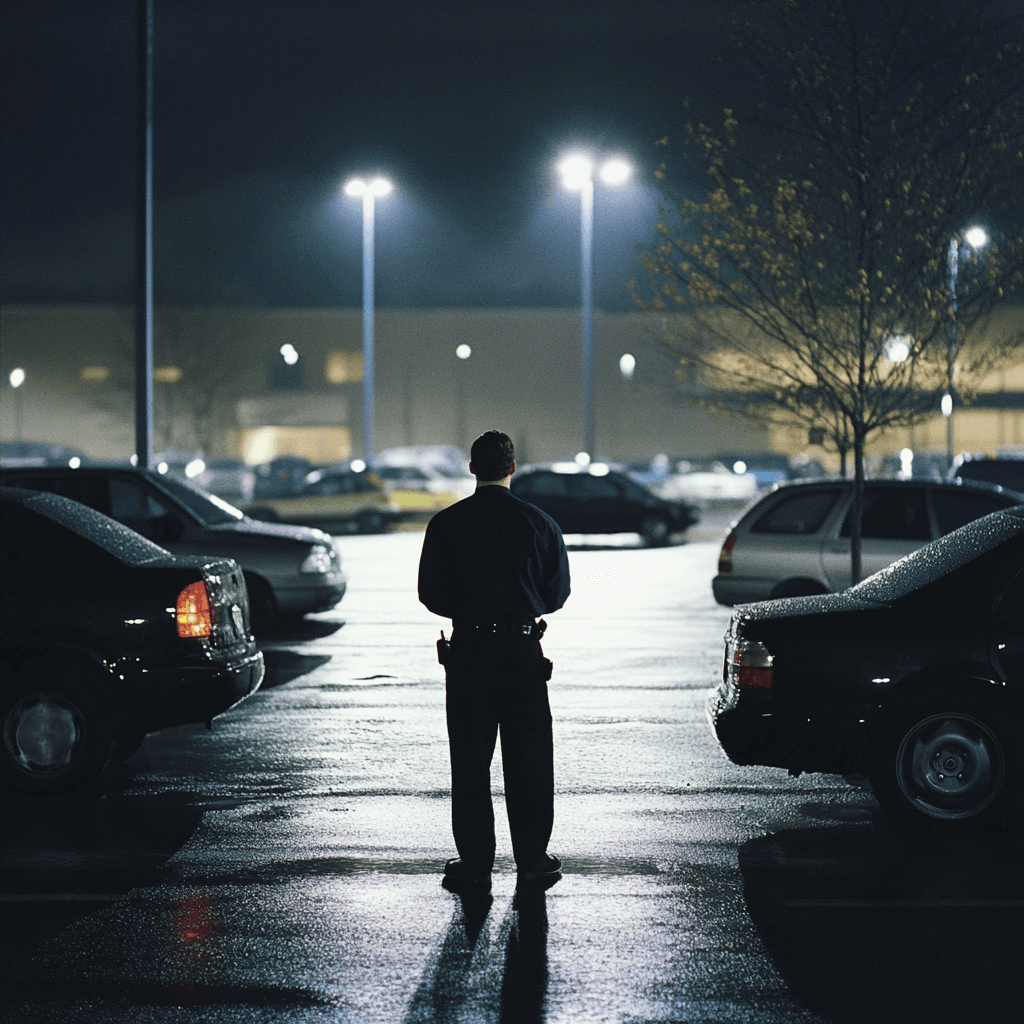 Security guard patrolling apartment parking garage in Denver during evening hours