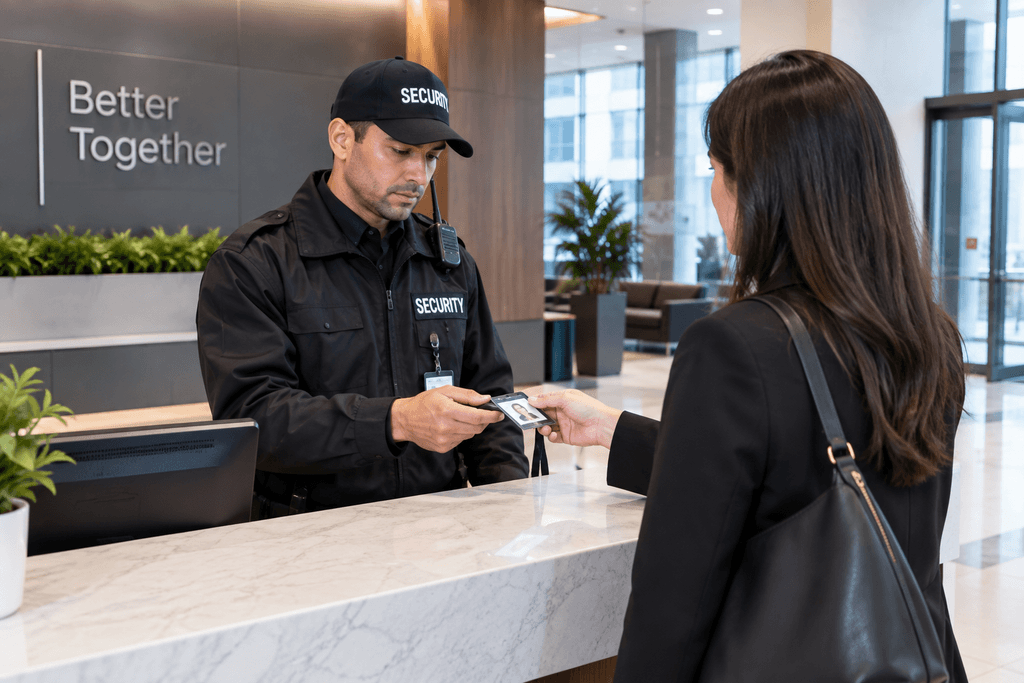 Corporate office security guard checking visitor access in Denver