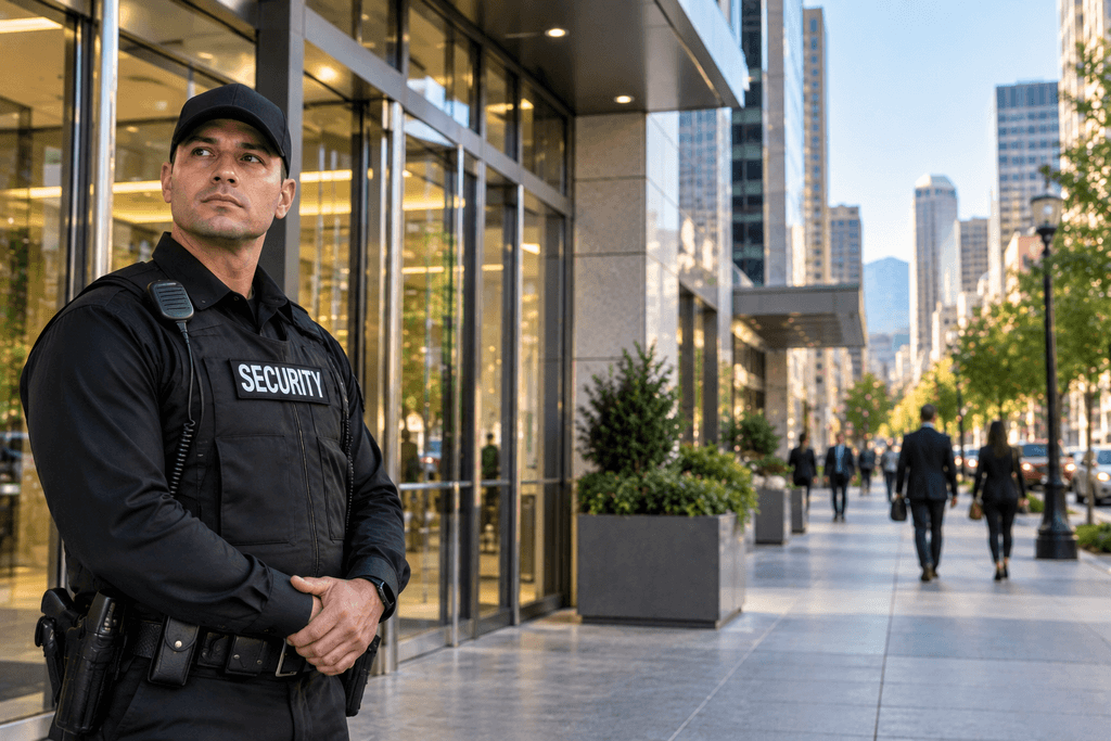 Security guard providing downtown Denver office building security during a busy summer event